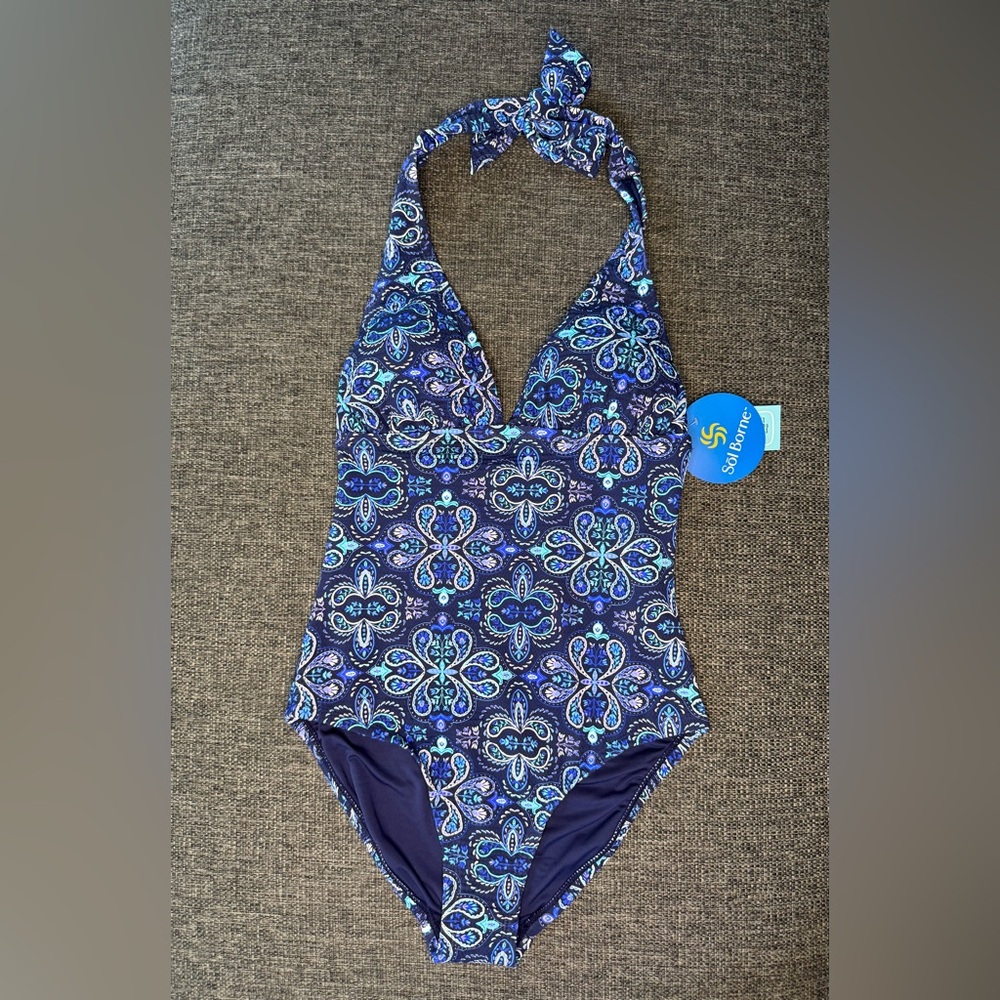 NWT - Sol Borne Blue Teal & Purple Patterned -  One Piece Swimsuit Size Small